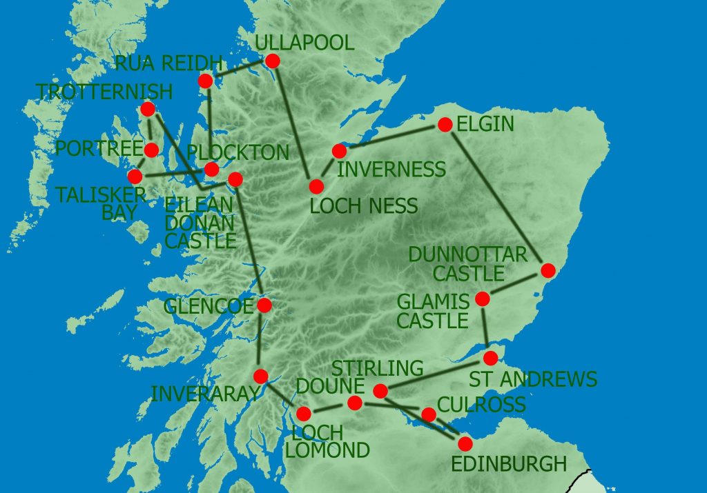 Mappa dell'itinerario in Scozia di 7 giorni